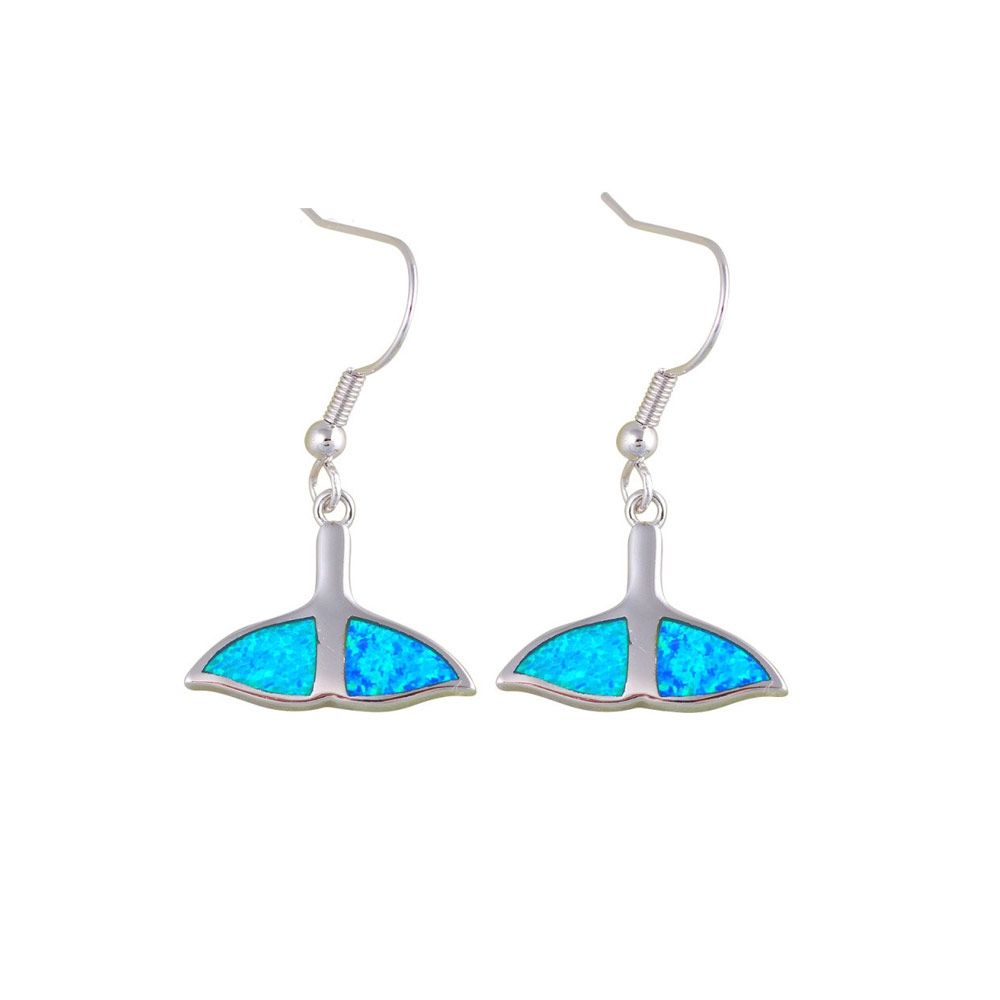 Blue Opal Whale Tail Dangling Hooks Women Earrings and Silver Plated