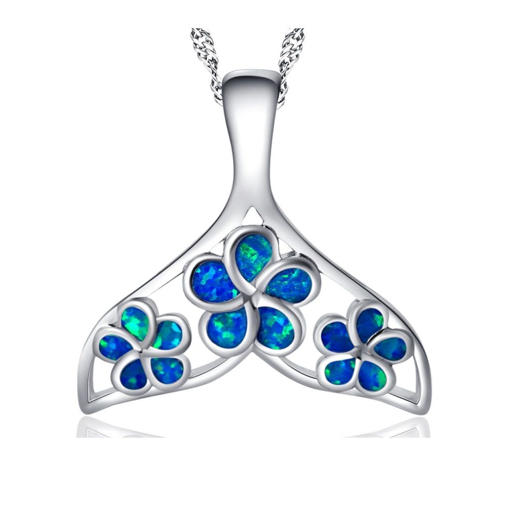 Blue Opal whale tail Women Pendant and Silver Plated