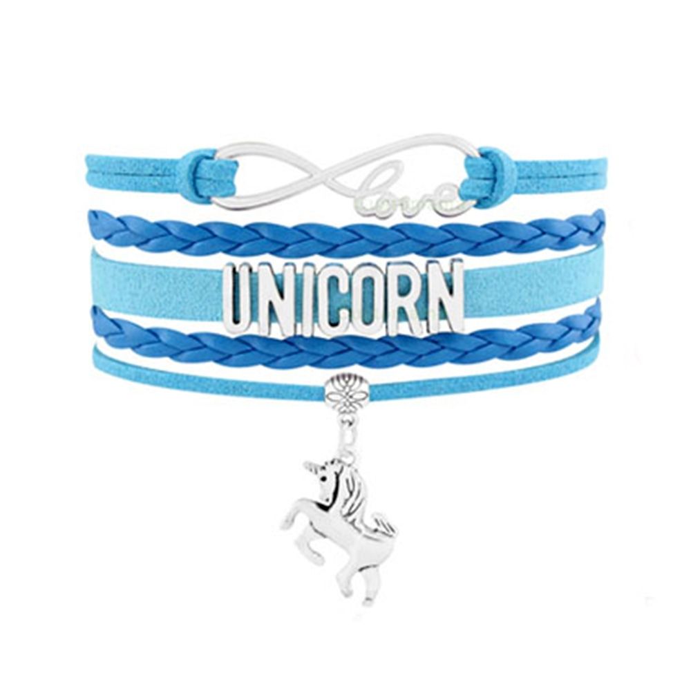 Women Love and Unicorn Multi Row Bracelet in Swedish and Blue Leather and Silver Metal