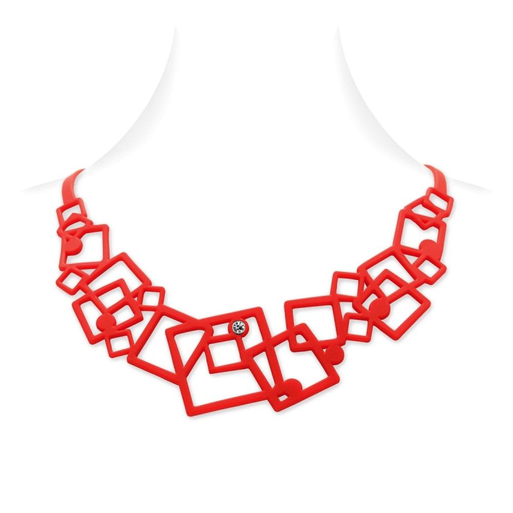 Geometric Necklace - GUM JEWELRY Magnificent French creation with modern design and graphic look. Made of red silicone gum it has many advantages. Anti allergic it will suit all people not supporting the metals. Very nice to wear this material is lightweight, very soft, like a second skin for a tattoo effect. Malleable and deformable, you can fold it, put it away, manhandle this jewel will resume its original shape. Ideal to take it anywhere with you. Very durable you can wear it in all circumstances as at the beach or pool. Material : silicone Adjustable length: 41 to 48 cm Thickness: 2 mm Weight: 10 gr Optional with or without crystal