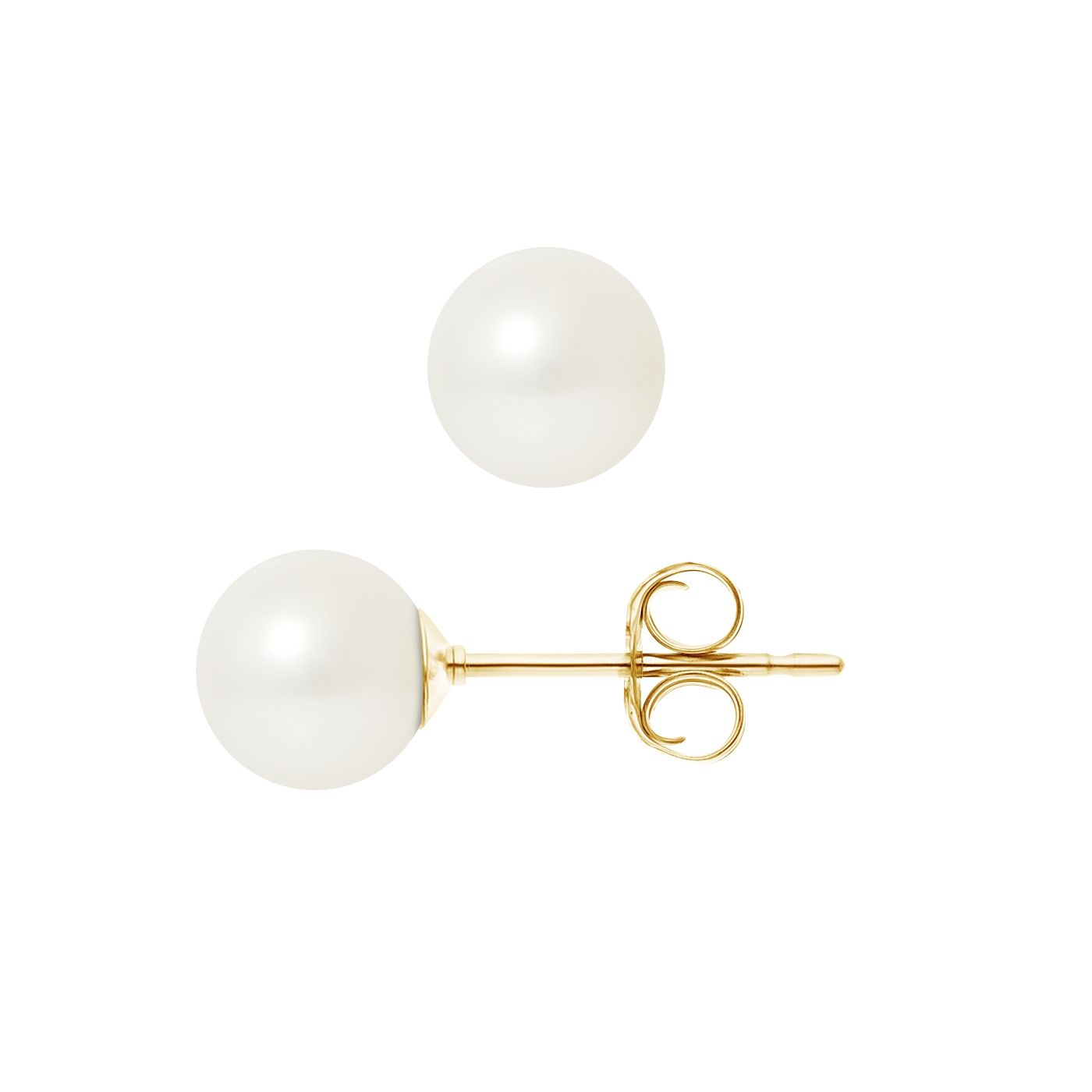 7.5 mm White Freshwater Pearls Earrings and yellow gold 750/1000 Made in France Beautiful pair of white Freshwater pearls earrings of 7.5 mm. Mount Solid gold yellow 750/1000-18K. Shape: Round Diameter: 7.5 mm Luster: Excellent Quality: AA Yellow Gold 750/1000 Weight of gold: 0,30 gr