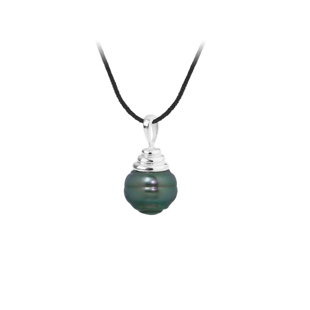 Black Cotton Necklace, 10mm Rimmed Tahitian Pearl Pendant and Silver 925/1000