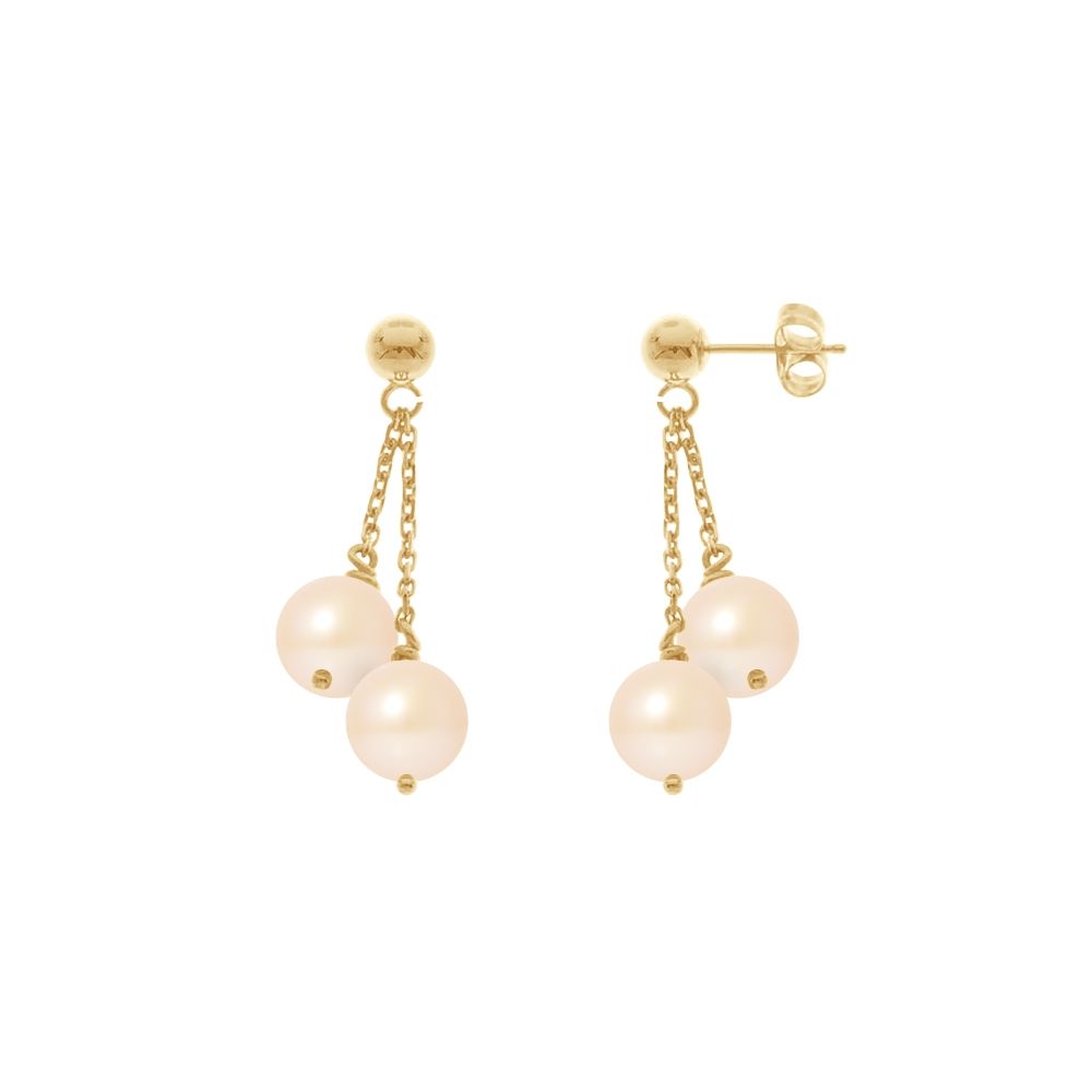 Double Natural Pink Freshwater Pearls Dangling Earrings and yellow gold 750/1000
