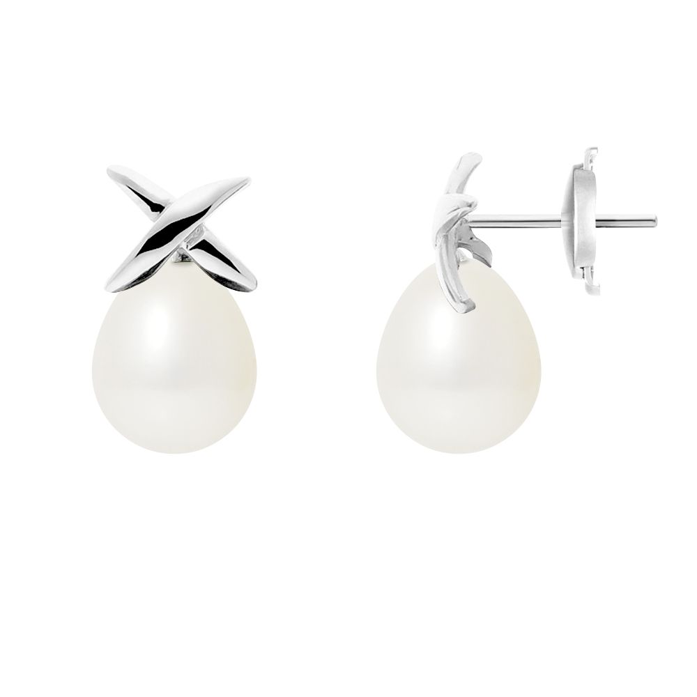 White Freshwater Pearls Earrings and white gold 750/1000 Made in France Beautiful pair of white freshwater pearls and solid white gold 750/1000. Form: Pear Luster: Excellent Diameter : 8 mm Quality AA White gold 750/1000 - 18K Weight of gold: 1.9 gr