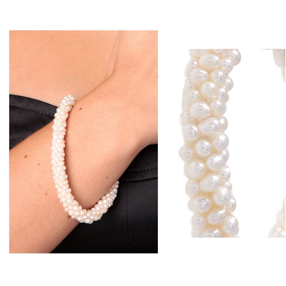White Freshwater Pearls Twisted 6 rows Bracelet and Silver Clasp