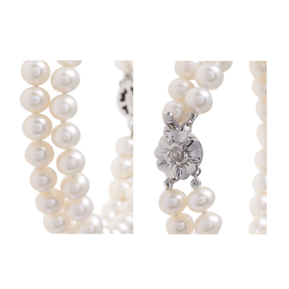 White Freshwater Pearl 2 Strands Bracelet and Silver Flower Clasp