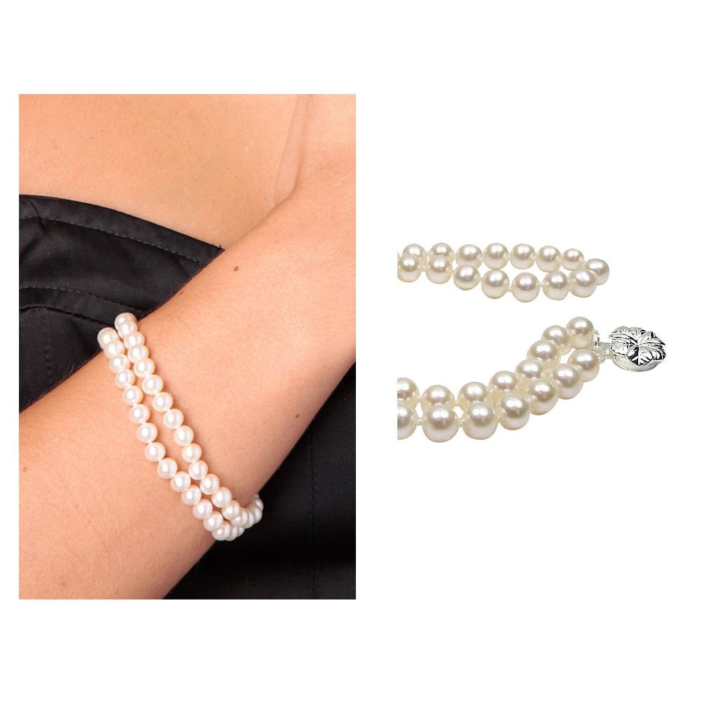 White Freshwater Pearl 2 Strands Bracelet and Silver Flower Clasp