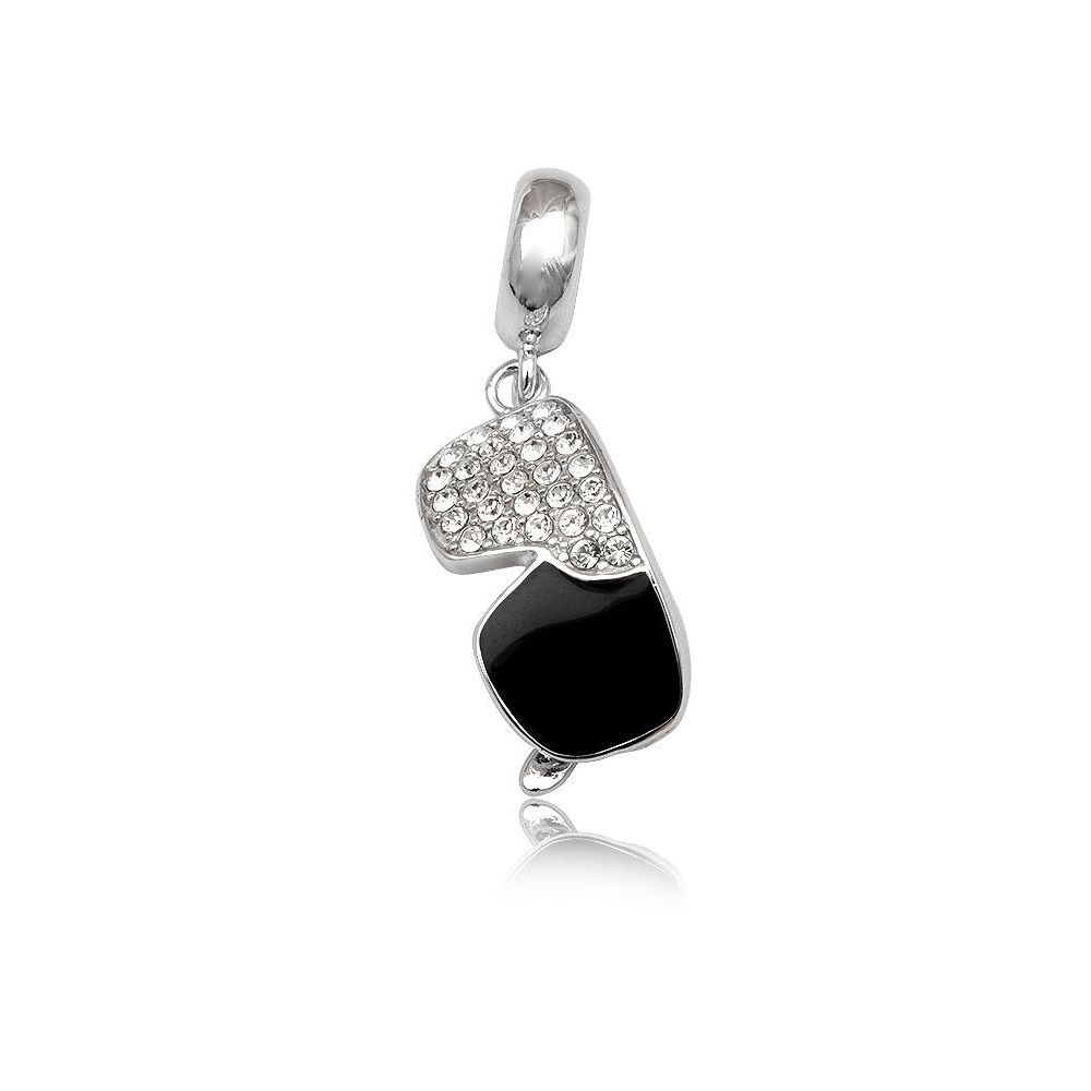 White Crystal and Black Enamel Glasses Charms Bead and 925 Silver
