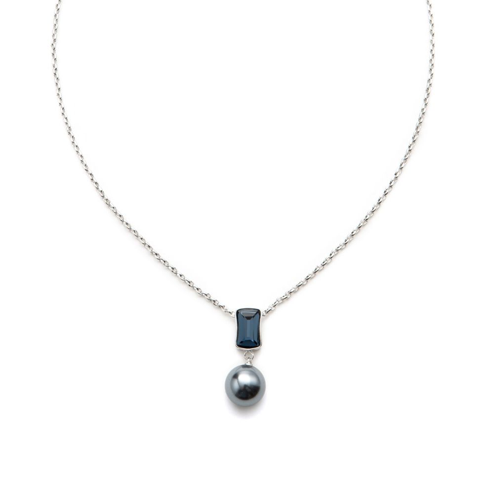 Blue Pearl and Swarovski Crystal Elements Pendant This pendant modern design consists of a blue Swarovski Crystal Element and blue pearl. Rhodium plated frame. Description : Blue Swarovski Crystal Elements 1 x 0.7 cm Pearl gray 1 cm in diameter Length of pendant: 2.7 cm Chain included 40 cm adjustable
