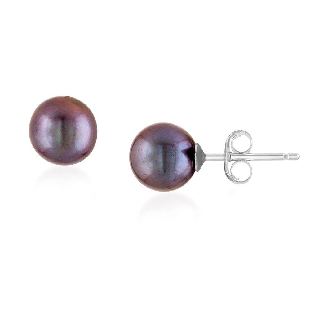 Freshwater cultured AAA pearl Earrings These timeless earrings are made with real 7-8mm round cultured pearls and AAA quality. The mounting is in 925 sterling silver. Even the most sensitive ears can wear them. These earrings will perfectly match necklaces with the same pearl color. Color: Black or White Being genuine freshwater pearls, the color is black with hints of oil (blue, green, gold, purple and brown).