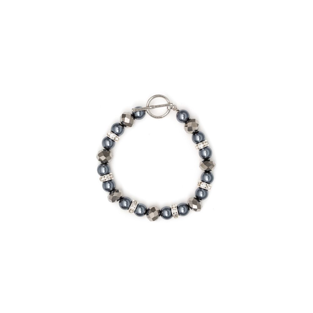 Silver Pearls, Crystal and Rhodium Plated 1 Row Bracelet