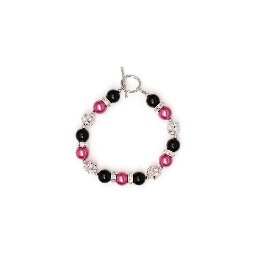Pink and Black Pearls, Crystal 1 Row Bracelet This charming bracelet is made of synthetic pearls pink and black Pearls are set with white crystals. Frame high quality alloy Rhodium plated for a perfect finish and extreme shine. Elegant and original, this is the perfect accessory for a night or to illuminate a simple outfit. description: Type of Clasp: Toggle Bracelet Diameter: 17.5 cm Bead diameter: 5 to 8 mm Color: Pink / Black