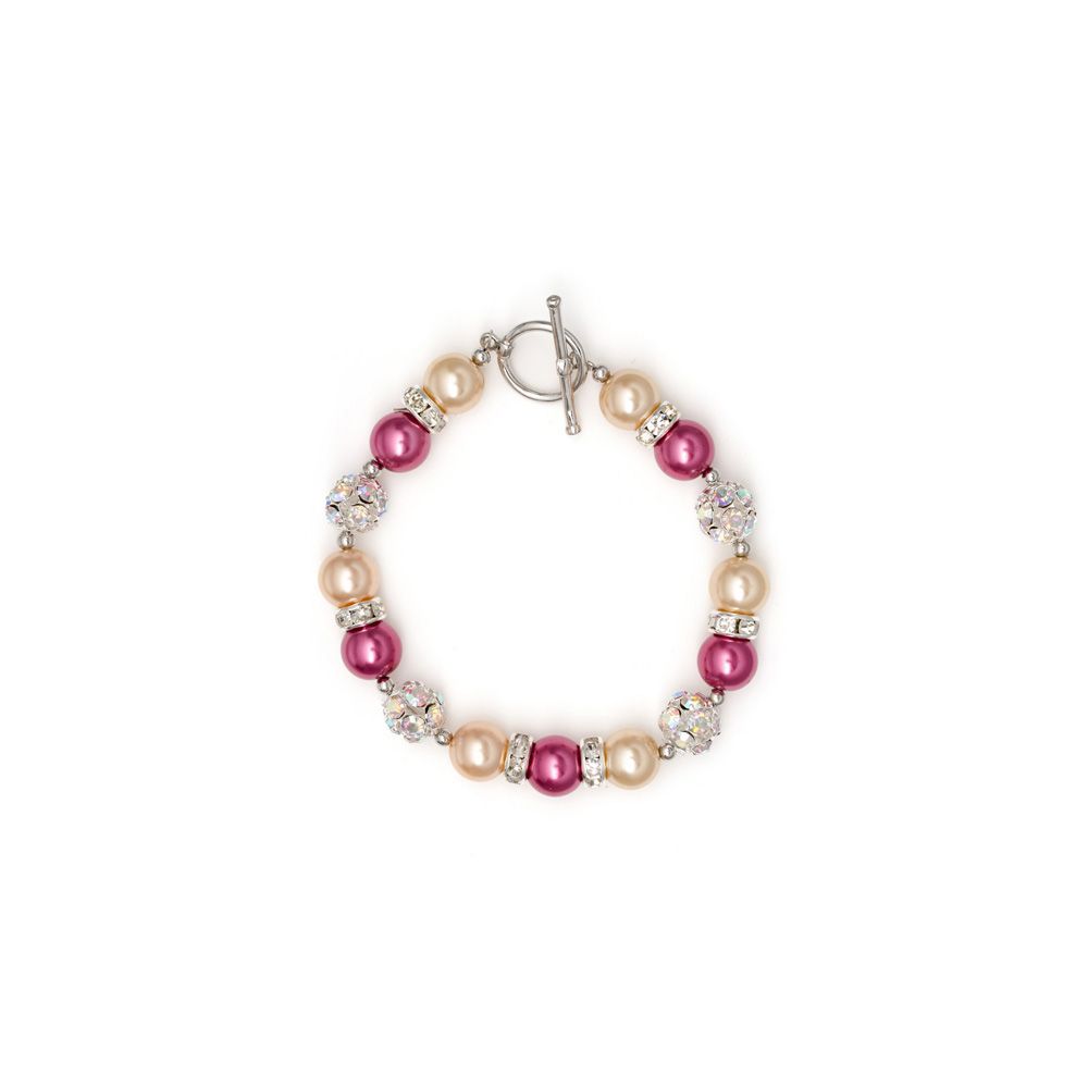 Orange and Pink Pearls, Crystal 1 Row Bracelet This charming bracelet is made of synthetic beads orange and pink Pearls are set with white crystals. Frame high quality alloy Rhodium plated for a perfect finish and extreme shine. Elegant and original, this is the perfect accessory for a night or to illuminate a simple outfit. description: Type of Clasp: Toggle Bracelet Diameter: 17.5 cm Bead diameter: 5 to 8 mm Color: Pink / Orange
