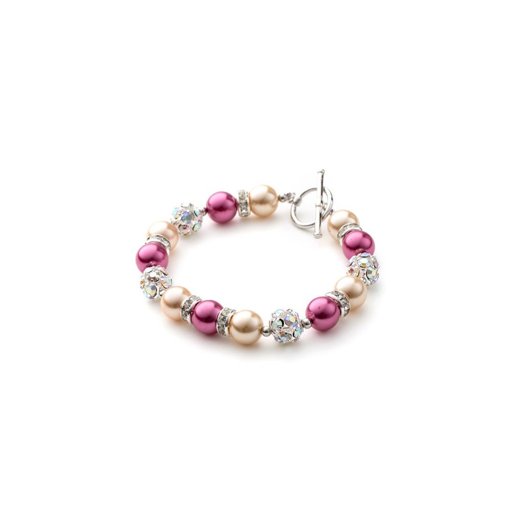 Orange and Pink Pearls, Crystal 1 Row Bracelet This charming bracelet is made of synthetic beads orange and pink Pearls are set with white crystals. Frame high quality alloy Rhodium plated for a perfect finish and extreme shine. Elegant and original, this is the perfect accessory for a night or to illuminate a simple outfit. description: Type of Clasp: Toggle Bracelet Diameter: 17.5 cm Bead diameter: 5 to 8 mm Color: Pink / Orange