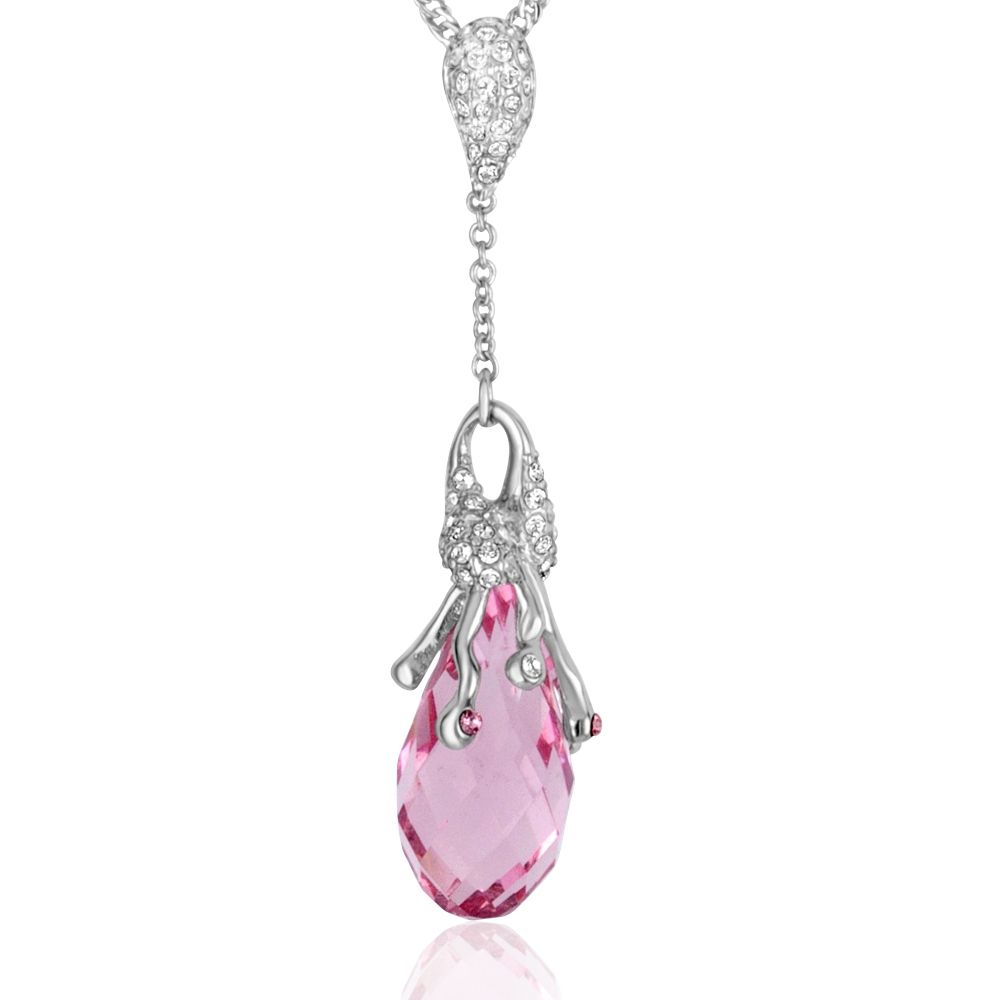 Pink Swarovski Elements Crystal Necklace Gorgeous pendant which consists of a pink Swarovski Crystal Elements teardrop cut and set on the top of white crystals. Frame high quality alloy Rhodium plated for a perfect finish and extreme shine. Pendant Length: 5 cm Crystal dimensions: 15 mm x 9 mm Crystal Color: Pink Rhodium plated frame Comes with its chain of 39 cm and adjustable (4 cm)