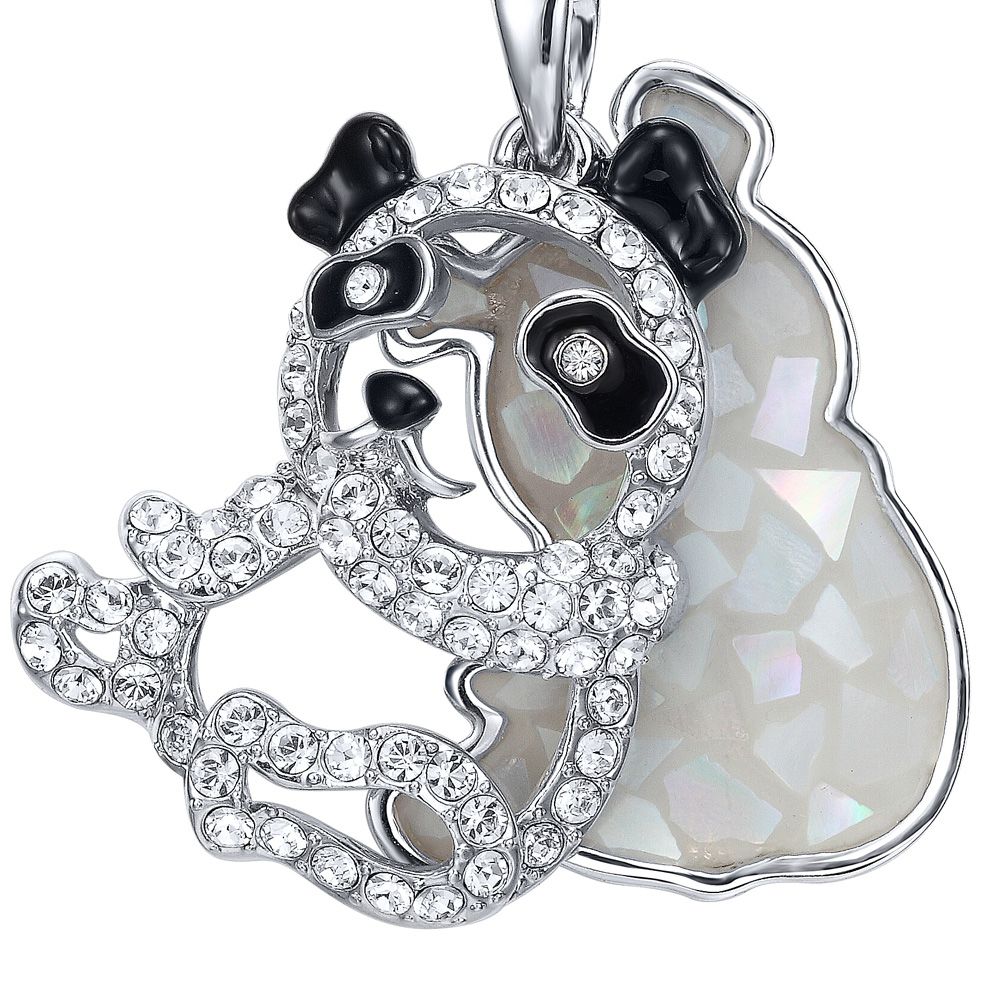 Abalone and White Swarovski Crystal Elements Panda Pendant This beautiful pendant is shaped like a Panda. It consists of a first portion and a second abalone crimped Swarovski white crystals. Parts are removable. The eyes and ears are black enamel. Alloy frame high quality Rhodium plated for a perfect finish. Dimensions Panda: 3.3 x 2.4 cm Length: 42 cm and 5 cm adjustable Clasp Type: Lobster Clip This absolutely outstanding and gorgeous pendant sublimate your outfit!