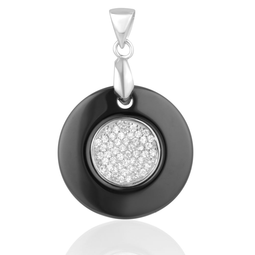 Black Ceramic Circle Pendant, 925 Silver and White Cubic Zirconia Crystal