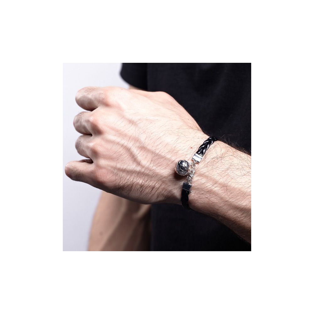 Yellow Gold and Black Leather Football Men Bracelet