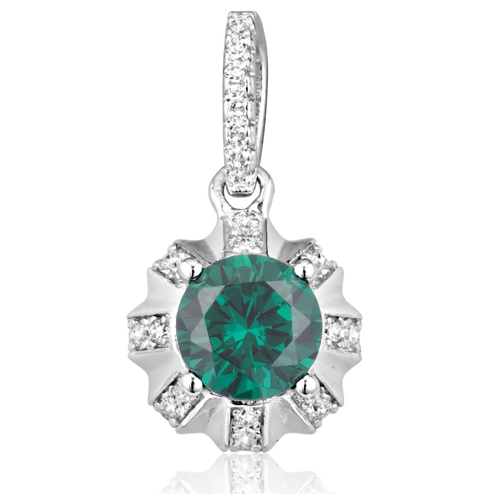 White and Green 40 Swarovski Crystal Cubic Zirconia Sun Pendant and Silver Mounting This jewelry has a classic design and contemporary times and is notable for its elegance. This pendant is in the shape of the sun. It is entirely set with 40 Swarovski crystals semi precious Cubic Zirconia white and semi precious Swarovski Cubic Zirconia green giving it intense at the height of the diamond glints. The color blends well with a wide range of outfits. Sterling silver frame 925/1000 Rhodium plated for a perfect finish. 40 Swarovski Cubic Zirconia 5A! Dimensions: 1.9 x 0.9 cm Weight: 2.59 gr Chain not included.