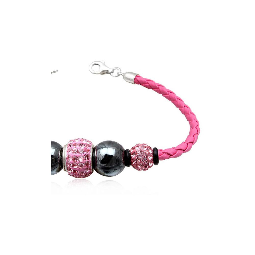 Pink leather bracelet, Black Hematite Pearl and Pink Crystal and Silver 925