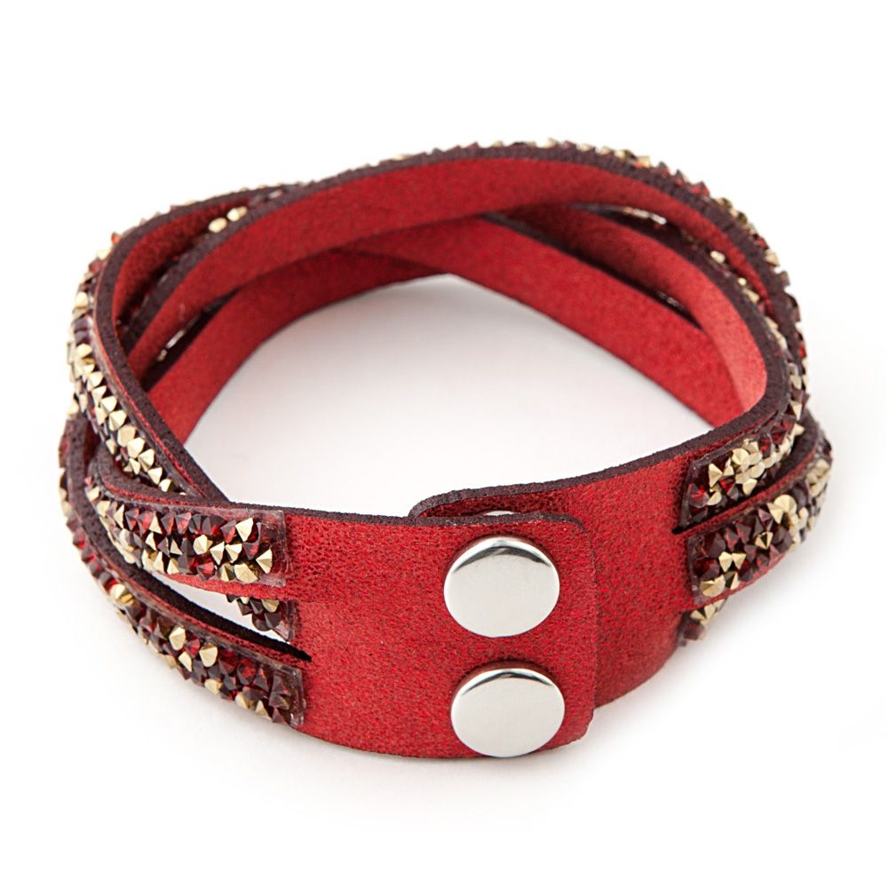 Swarovski - Red and Golden Swarovski Crystal Elements and red leather Interlaced Bracelet