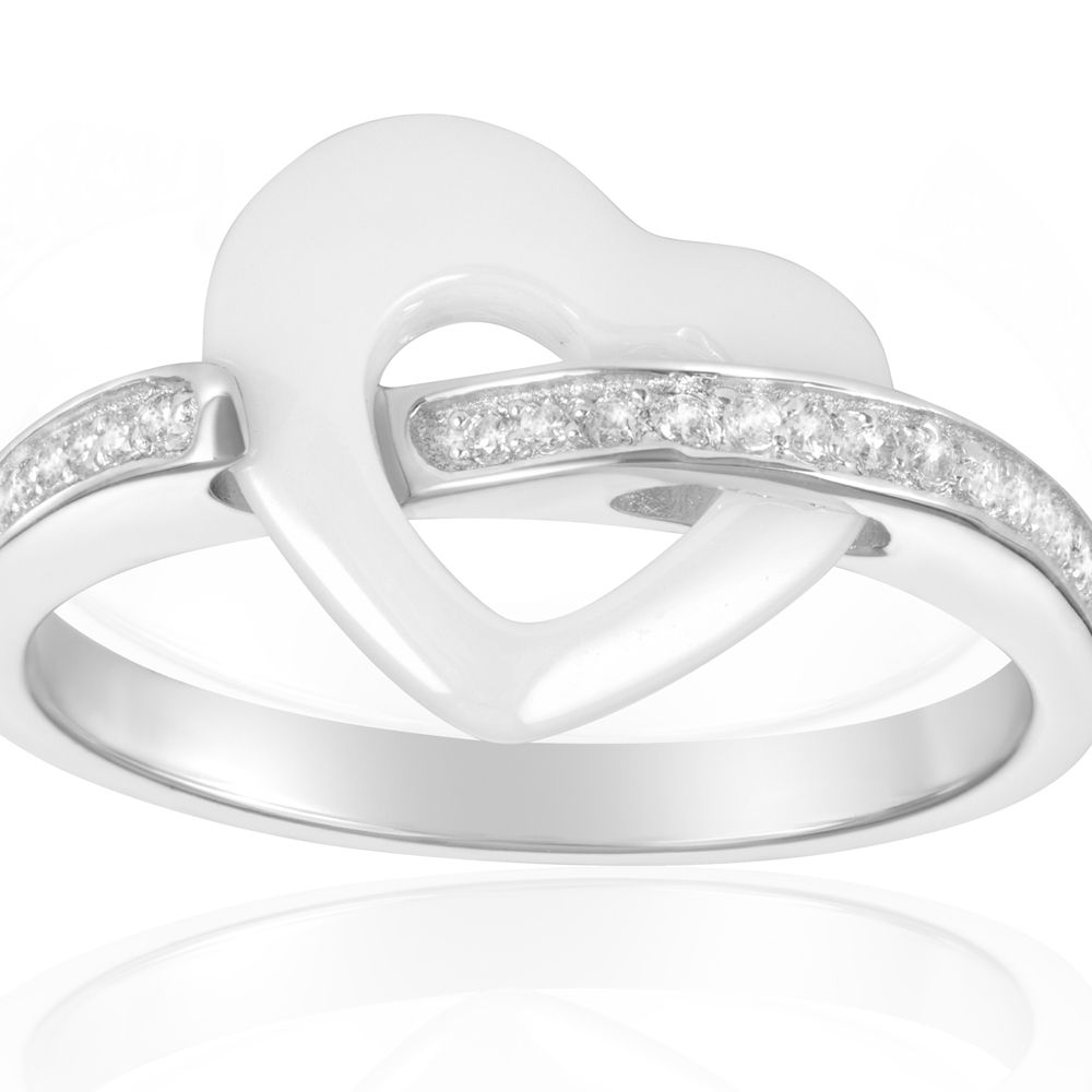 White Cubic Zirconia Crystals Ceramic White Heart Ring and Silver Sterling