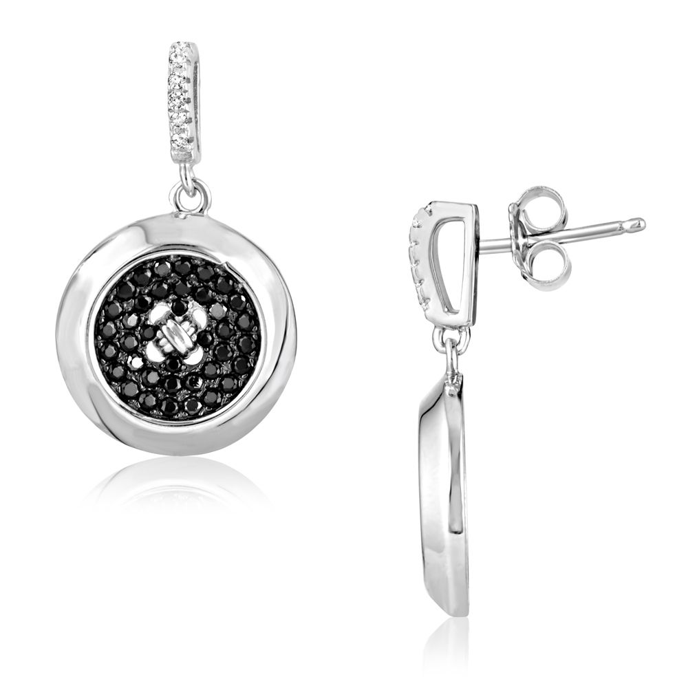 Silver Earrings and 88 Black and White Swarovski Crystals Cubic Zirconia This jewel has a design that is both classic and contemporary, and is remarkable for its elegance. This beautiful pair of earrings is entirely set with 58 beautiful semi precious Swarovski crystals black and white Cubic Zirconia: giving it intense reflections at the height of the diamond. A yellow crystal overlooks the mount. Mount Silver Rhodium Plated 925/1000 end to a perfect finish. 88 Swarovski Cubic Zirconia 5A Dimensions: 1.6 x 2.7 cm Weight: 5.52 gr Suitable for pierced ears.