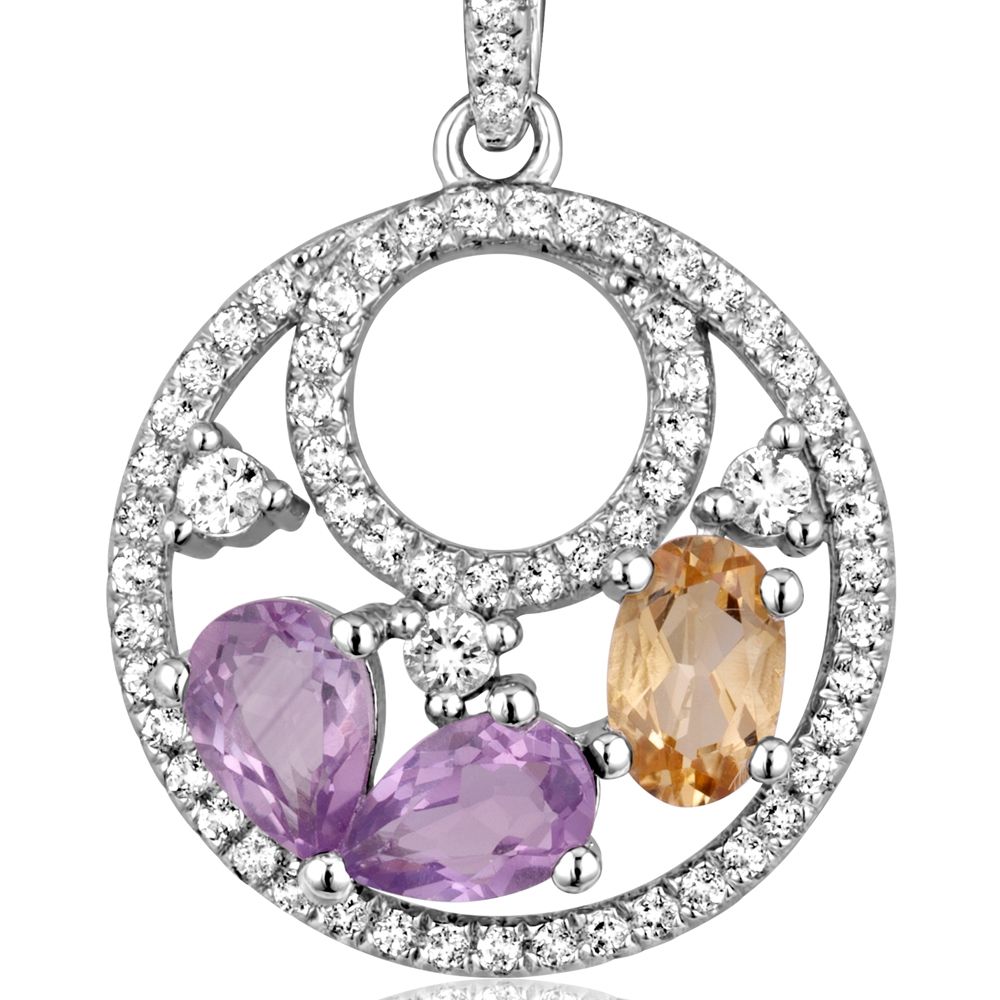 Silver Pendant and 70 white Swarovski Zirconia crystals , Amethyst and Citrine This jewel has a design that is both classic and contemporary, and is remarkable for its elegance. The pendant is set with 70 beautiful semi precious Swarovski crystals White Cubic Zirconia: giving it intense reflections at the height of the diamond. It is also composed of Amethyst and Citrine. Its color harmonizes perfectly to a wide range of outfits. Mount Silver Rhodium Plated 925/1000 end to a perfect finish. Dimensions: 2.4 x 1.7 cm Weight: 3.09gr Delivered with its fine chain of 40 cm.