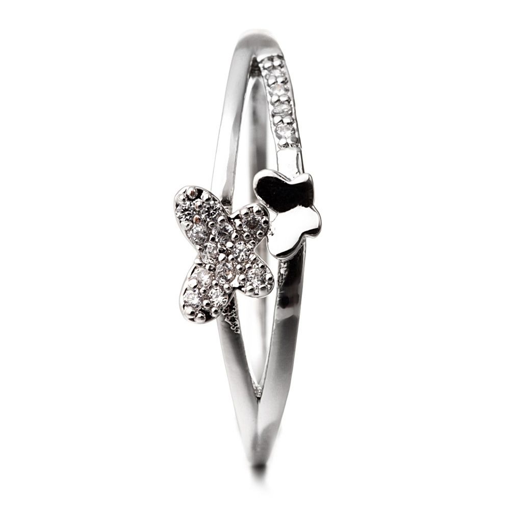 Rhodium Plated Butterfly Ring Cubic Zirconia and White A real charm and bursting asset which sublimate you! Mount: Rhodium Plated Stone: Cubic Zirconia Technique: Micro pave setting White Colour Weight: 1.5 g