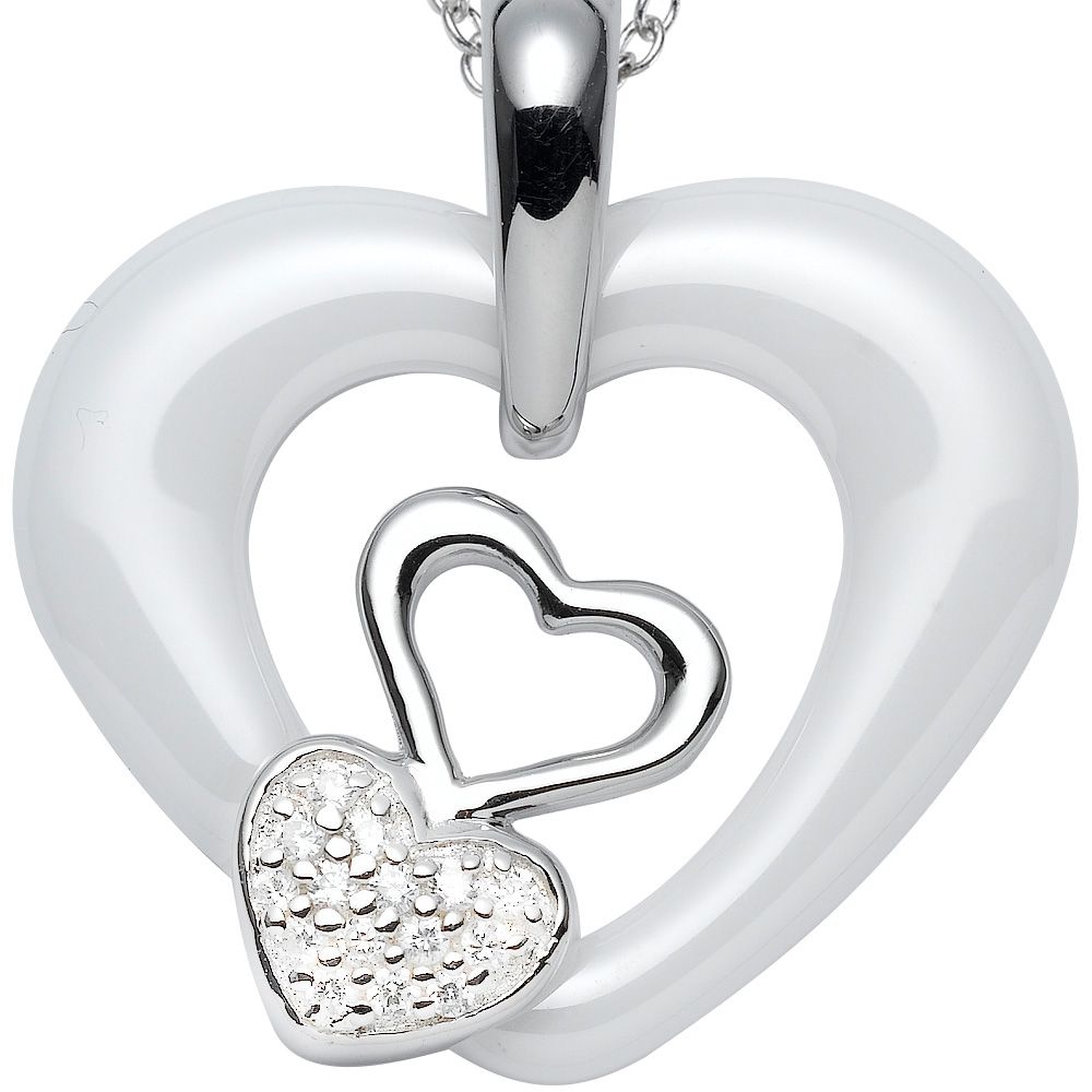 White Cubic Zirconia and White Ceramic Heart Pendant and 925 Silver