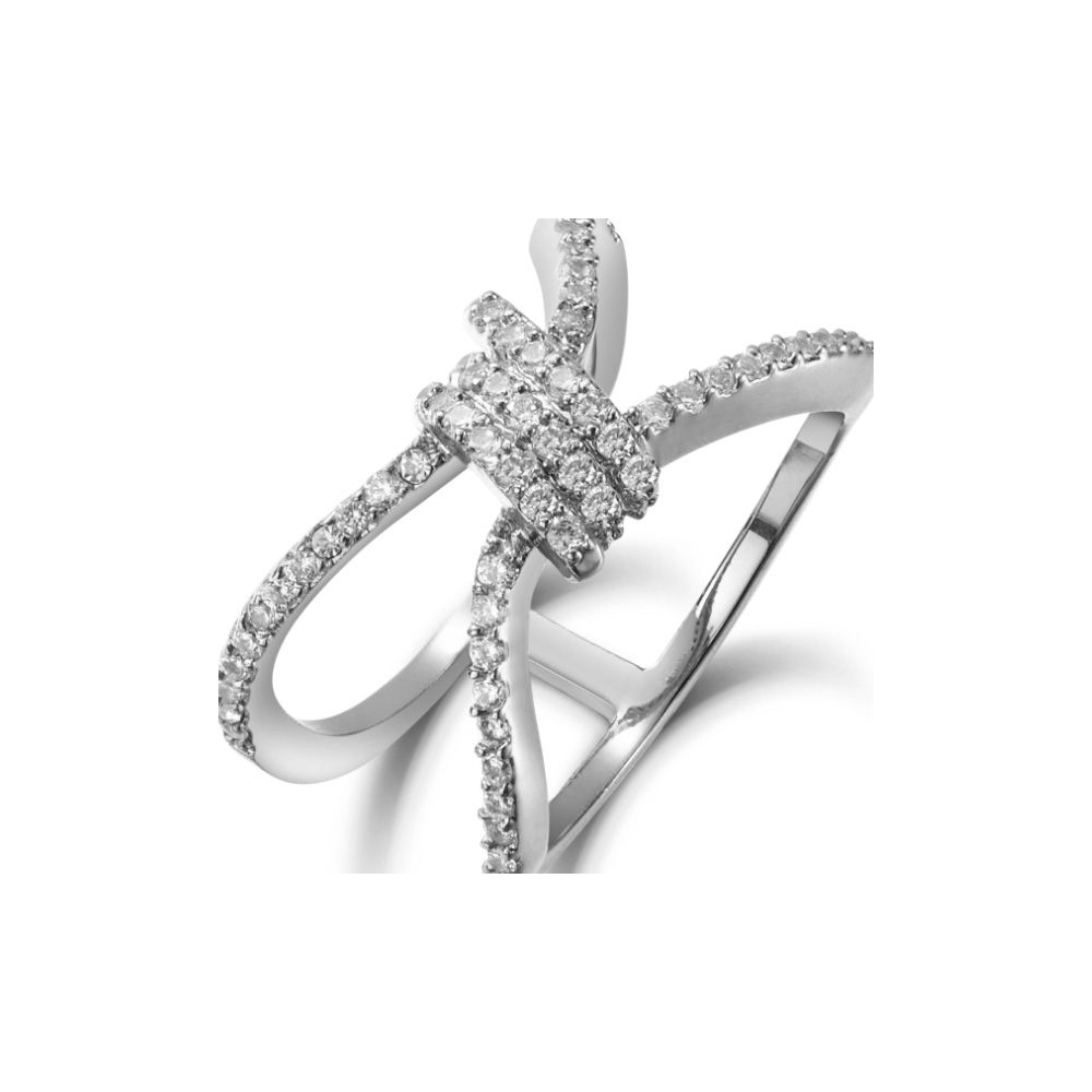 White Swarovski Elements Crystal and Rhodium Plated This dazzling ring is made of Swarovski Elements white to intense reflections. The frame is made of alloy of high quality Rhodium plated for a perfect finish. With its unique design, this gem will add elegance and brightness for any occasion key. Ring width: 1.3 cm