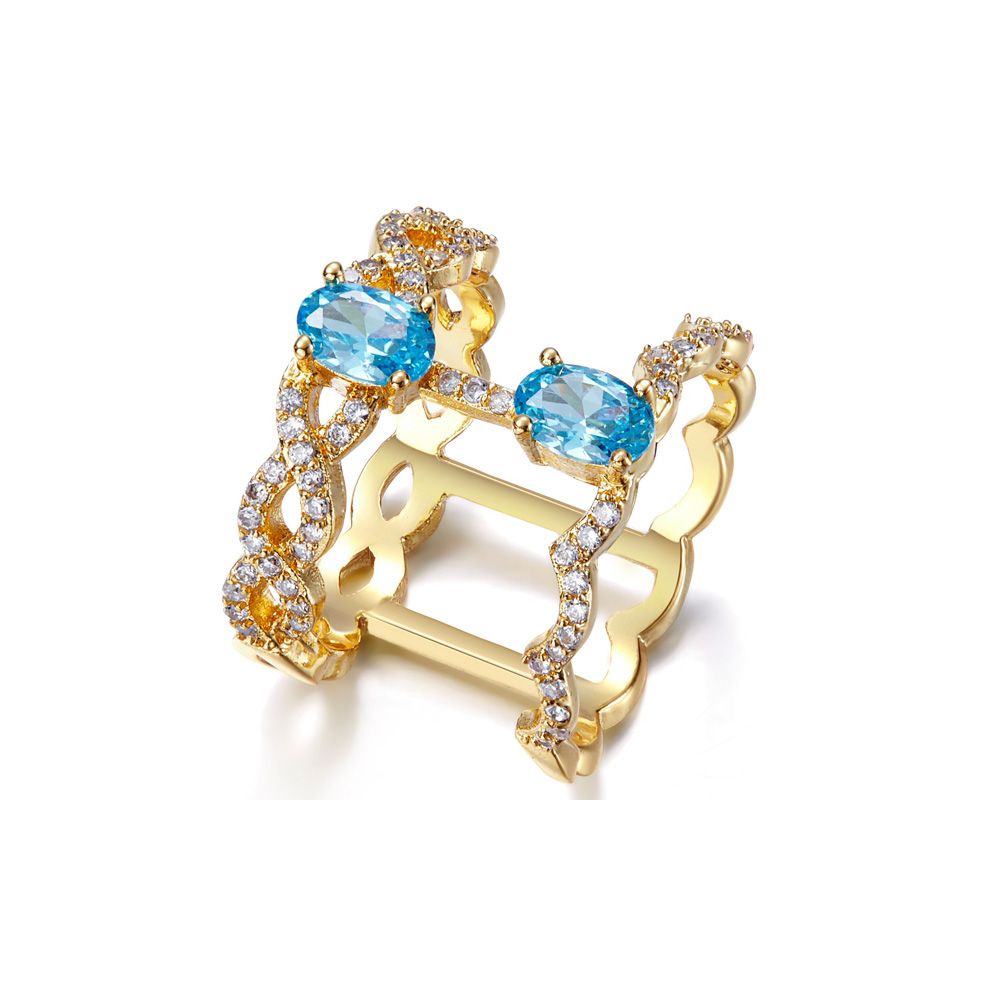 White and Blue Swarovski Elements Crystal and Rhodium Plated This dazzling ring is made of Swarovski Elements white and blue to intense reflections. The frame is made of alloy high quality rhodium plated yellow gold color for a perfect finish. With its unique design, this gem will add elegance and brightness for any occasion key. Ring width: 1.6 cm