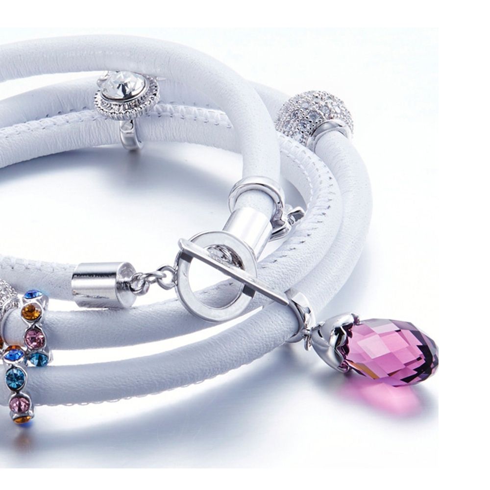 Swarovski - Charms Beads and Crystals Swarovski Elements White Leather Bracelet