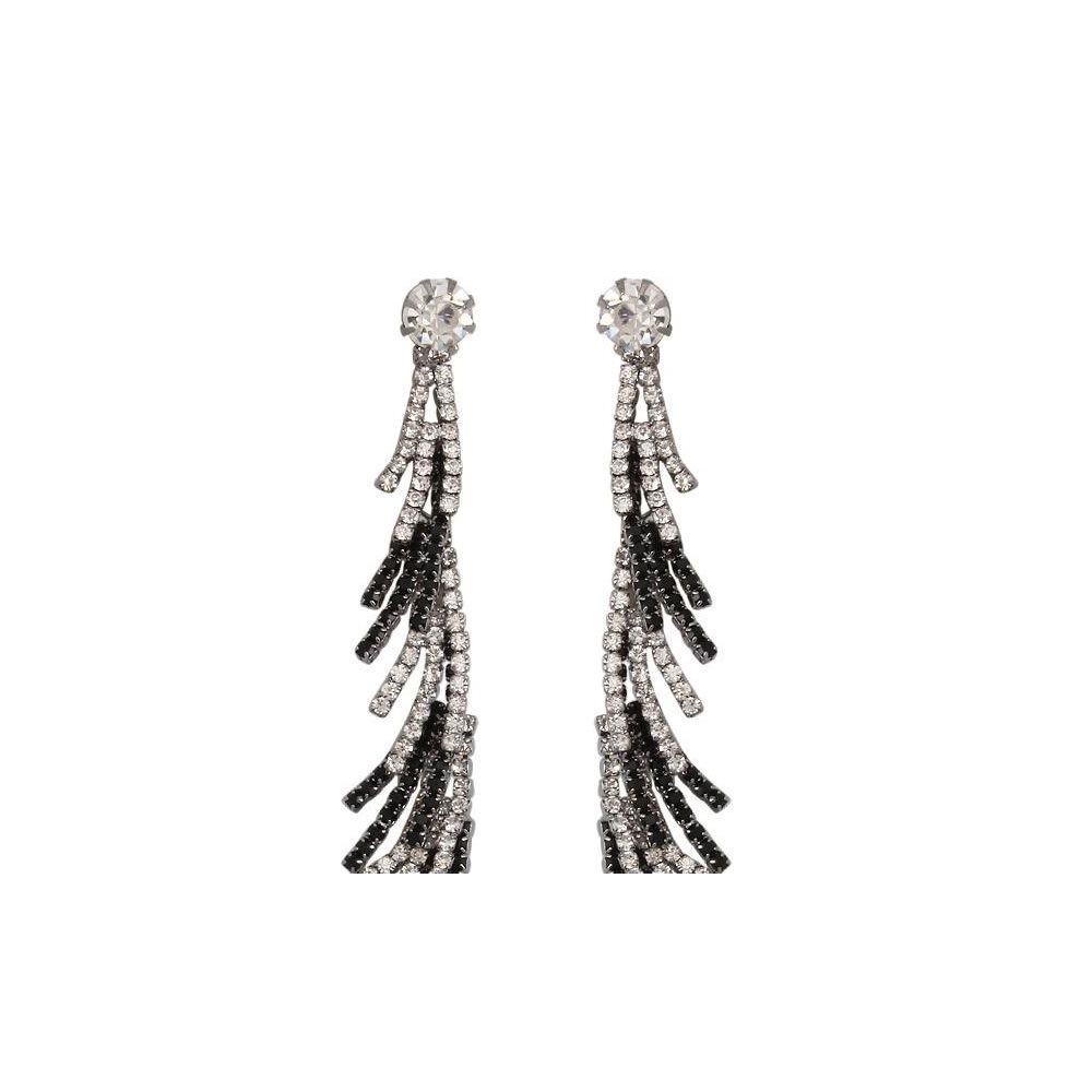 White and Black Crystal Dangling Earrings This pair of dangling earrings is set with white and black crystals. This creation is easy to wear and will add an elegant touch for any occasion. Dimensions: 10.50 x 1.50 cm. Weight: 20.47 grams metal frame Suitable for pierced ears