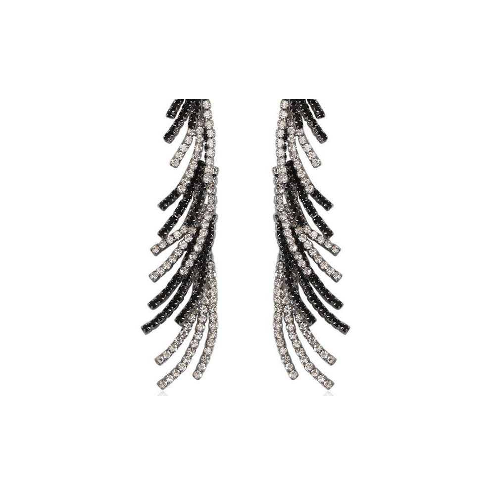 White and Black Crystal Dangling Earrings This pair of dangling earrings is set with white and black crystals. This creation is easy to wear and will add an elegant touch for any occasion. Dimensions: 10.50 x 1.50 cm. Weight: 20.47 grams metal frame Suitable for pierced ears