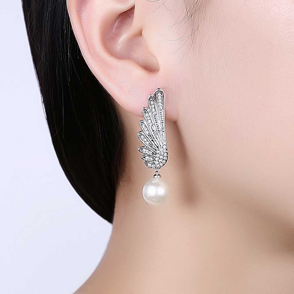 Swarovski - Winged Women Dangling Earrings with White Swarovski Crystal and Pearls