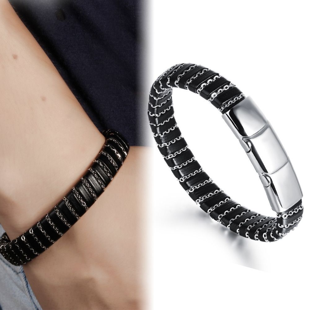 Black Leather and Stainless Steel Man Bracelet