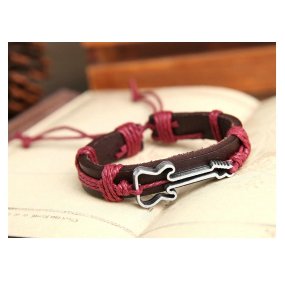 Brown Leather, Red Cordon and Stainless Guitar Man Bracelet Material: Leather Color : Brown and Red Cranberry Metal: Stainless Steel Symbol : Guitar Clasp: adjustable