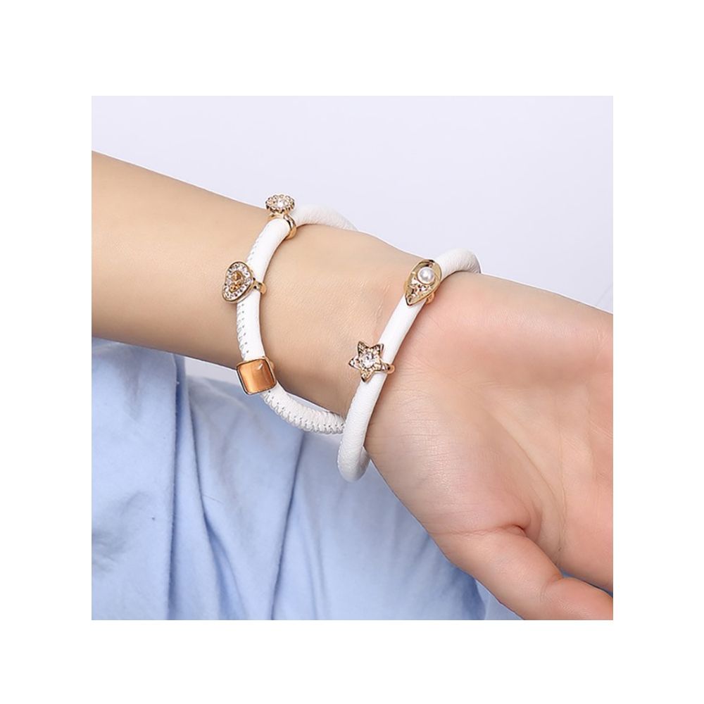 White Leather Charm's Double Row Bracelet and Beads