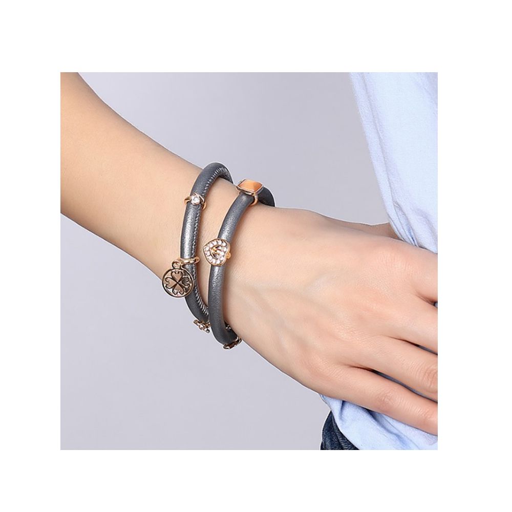 Grey Leather Charm's Double Row Bracelet and Beads