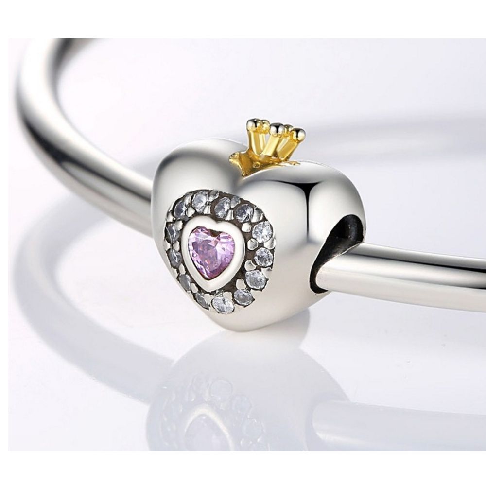 925 Silver Heart Charms Bead and Pink Crystal