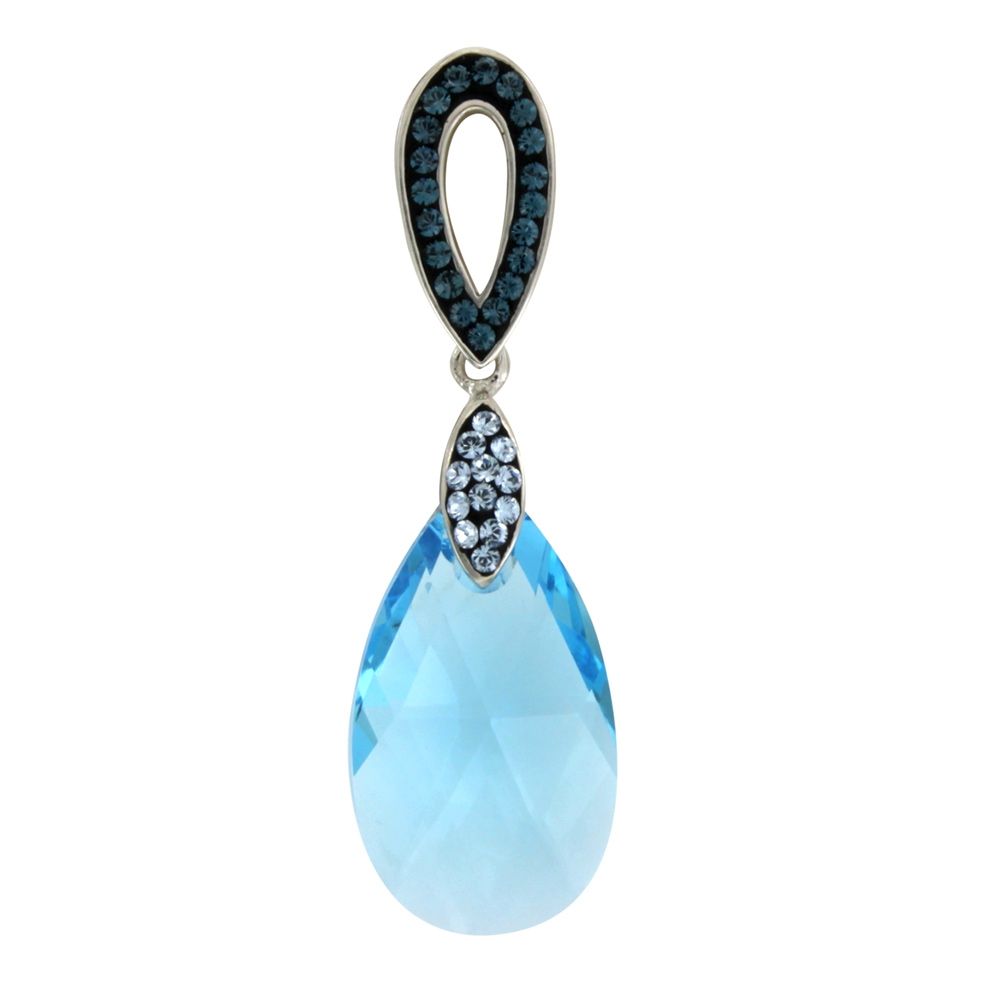 Blue Swarovski Elements Crystal and 925 Silver Pendant This jewel is remarkable for its elegance. Blue Topaze Swarovski Crystal Elements Blue crystals sets mounting Mounting : 925/1000 Silver and Rhodium Plated to a perfect finish. Dimensions: 4 x 1.3 cm Weight: 3.58 gr Delivered with chain in rhodium plated and 40 cm.