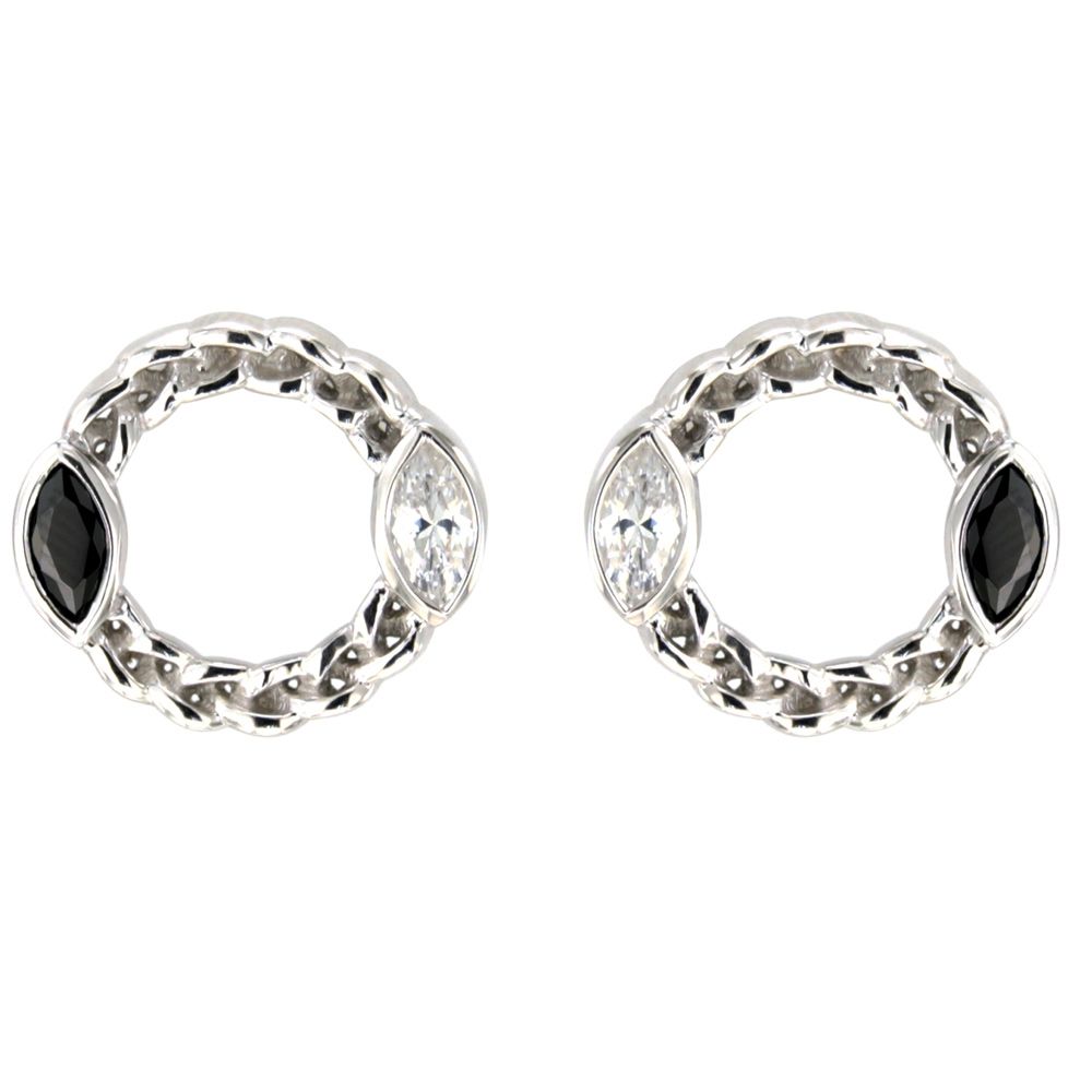 White and Black Swarovski Crystal Elements and 925 Silver circle Earrings This pair of Earrings is set with a circle pendant and black and white Swarovski crystal Elements Mounting : Sterling Silver 925/1000 and Rhodium plated. Dimensions: 1.5 x 1.5 cm