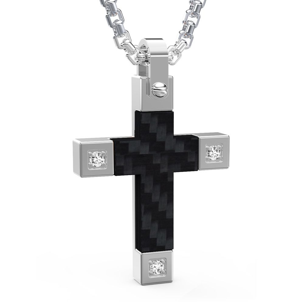 Black Carbon Cross, Stainless steel and Cubic Zirconia Men Pendant High Quality Pendentif for men in carbon fiber and stainless steel, sets with 3 pieces of Cubic Zirconia Material: 316L Stainless Steel and Carbon Fiber Stones: 3 pieces Cubic Zirconia Finish: Polished Black color Size: 3.6 x 2.5 cm Thickness: 0.35 cm Delivered with a steel chain of 55 cm and of 2.5 cm of thickness.