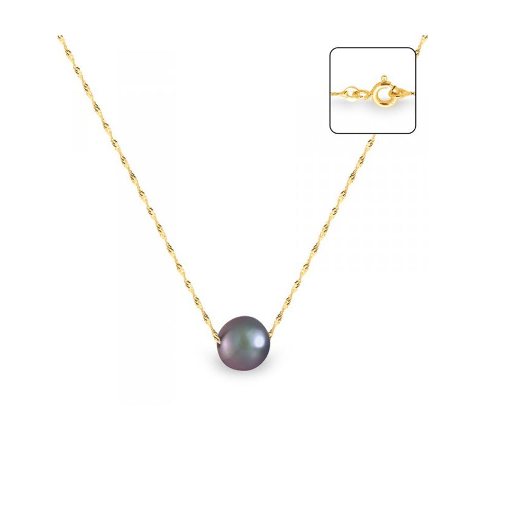 Black Freshwater Pearl and Yellow Gold 750/1000 Singapour Chain Woman Necklace