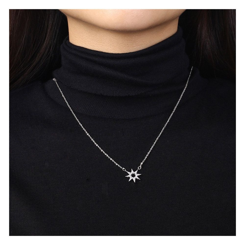 Set : Women's Necklace and Earrings in Silver Plated, Star in Cubic Zirconia White
