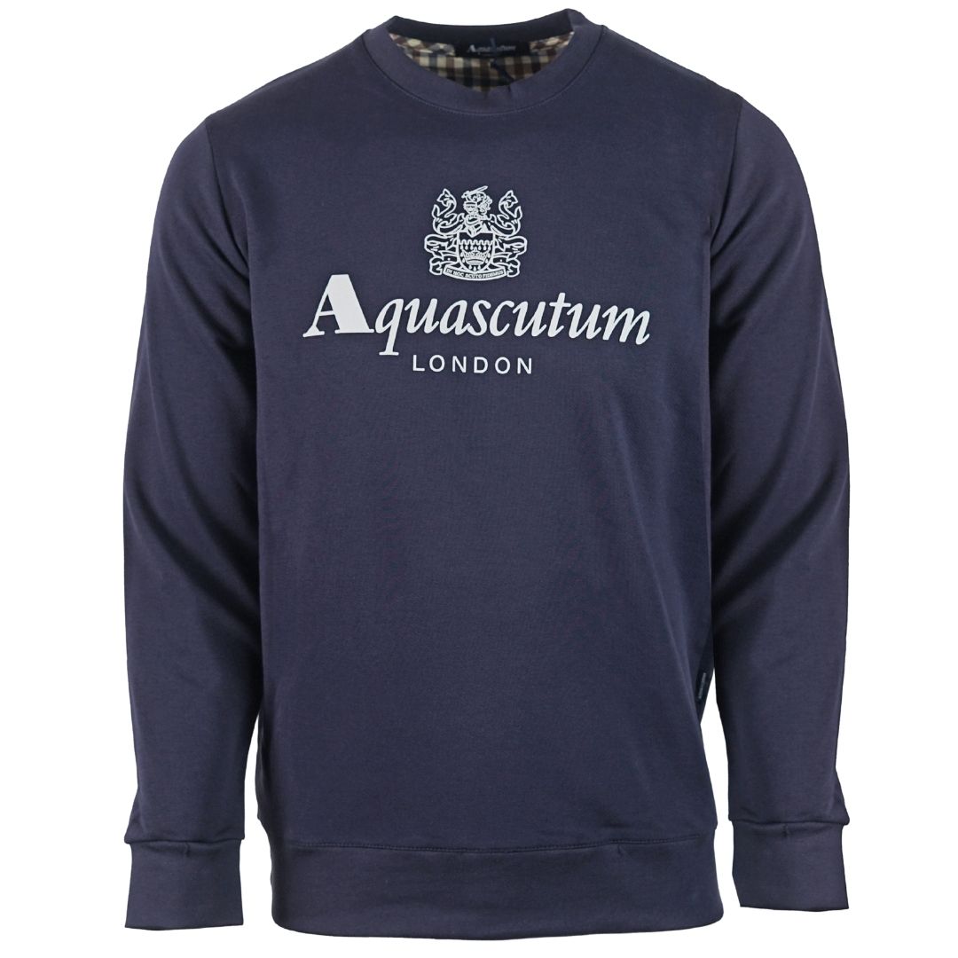 Aquascutum Waterfield Logo Navy Sweatshirt. Aquascutum Waterfield Logo Navy Sweatshirt. Elasticated Collar, Sleeve Ends and Waist. 100% Cotton Sweater. Regular Fit, Fits True To Size. Made In Italy, QMF002L0 03