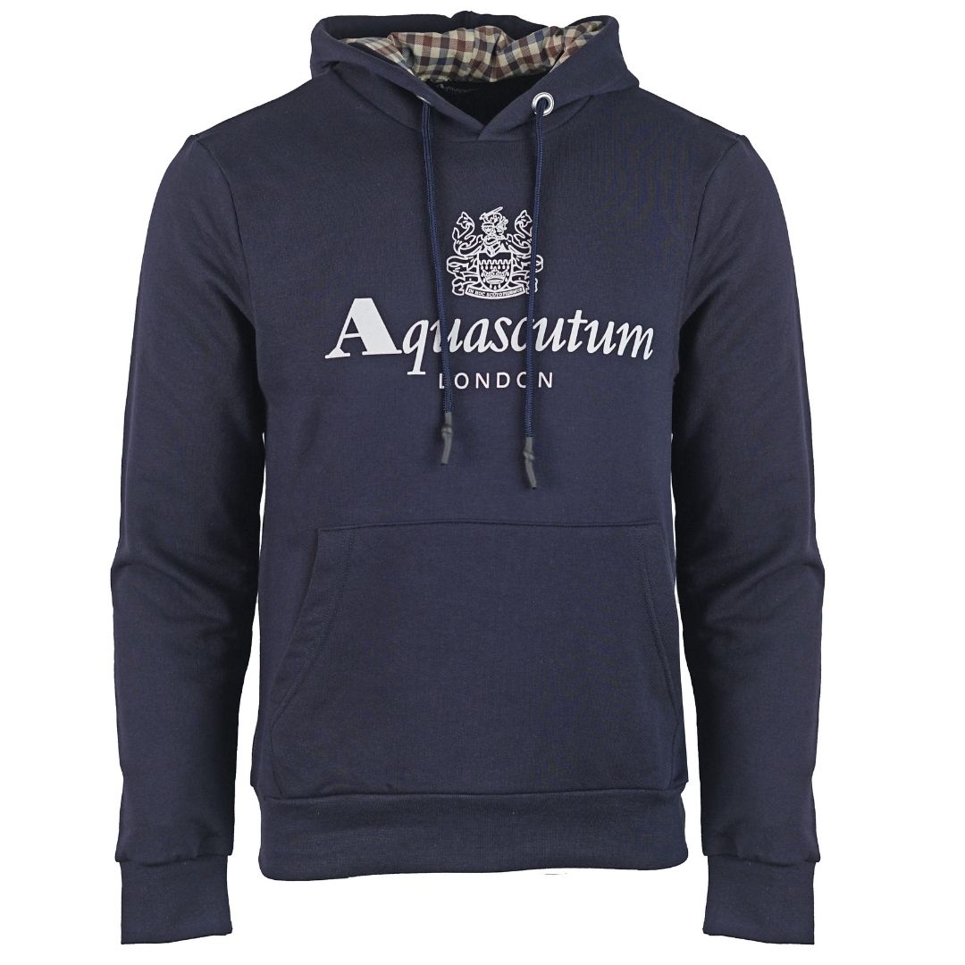 Aquascutum Waterfield Logo Navy Hoodie. Aquascutum Waterfield Logo Navy Hoodie. Hood Lined With Signature Check. 100% Cotton Sweater. Regular Fit, Fits True To Size. Made In Italy, QMF005L0 03