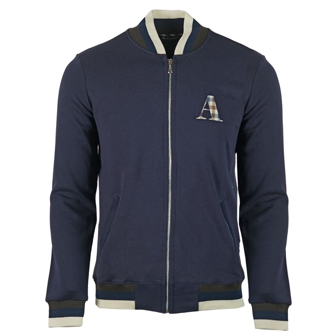 Aquascutum A Logo Zip Sweater Navy Jacket. Aquascutum A Logo Zip Sweater Navy Jacket. Elasticated Collar, Sleeve Ends and Waist. 100% Cotton Sweater, Signature Check Branded A Logo. Regular Fit, Fits True To Size. Made In Italy, QMF012L0 03