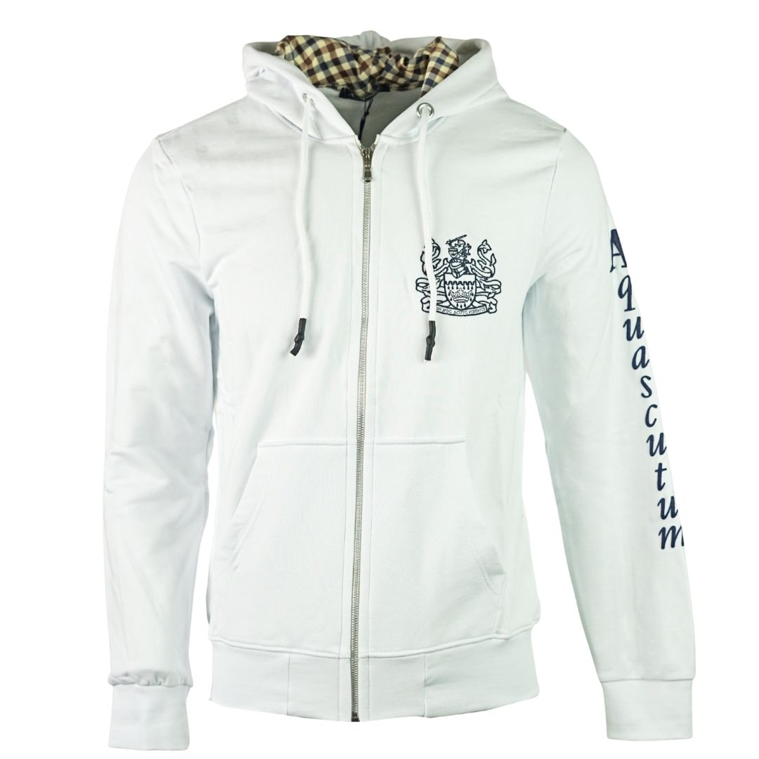 Aquascutum Waterfield Logo White Zip Hoodie. Aquascutum Waterfield Logo White Zip Hoodie. Hood Lined With Signature Check. 100% Cotton Sweater. Regular Fit, Fits True To Size. Made In Italy, QMF014L0 01